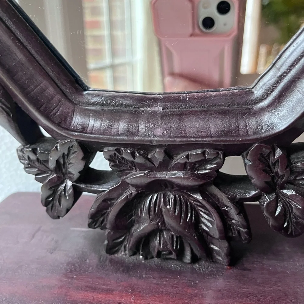 Antique hand carved vanity mirror Floral frame walnut wood frame